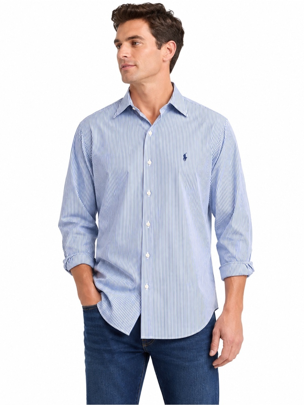 Ralph Lauren Men’s Blue White Striped Button Down Shirt Size 18 36/37 100 Cotton